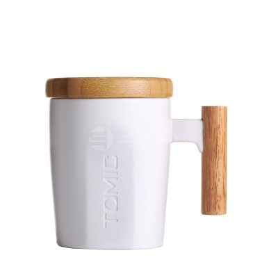 TOMIC/特美刻木手柄创意陶瓷杯带盖白领马克杯欧式咖啡杯定制