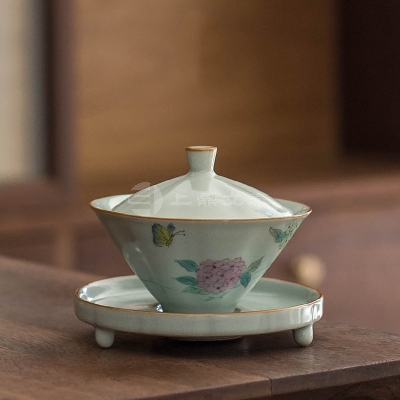 汝窑手绘绣球花泡茶三才盖碗茶杯单个家用功夫茶具套装日式盖杯