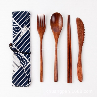 日式长柄叉勺筷子三件套四件套木质便携餐具筷子勺子套装